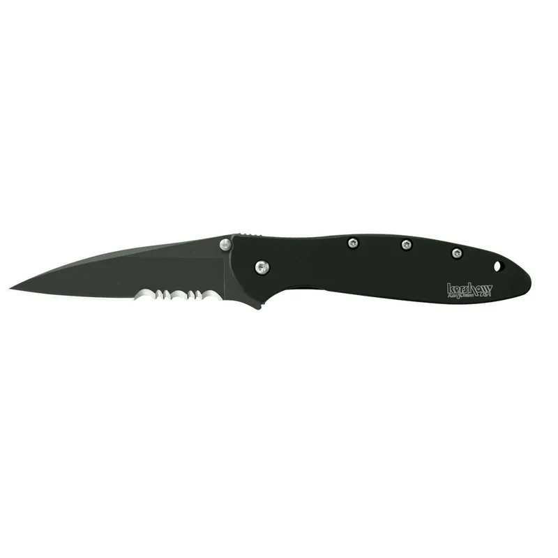 Kershaw 1660CKTST Leek 3" Drop Point Part Serrated DLC Black 14C28N Sandvik Stainless Steel DLC Black 410 Stainless Handle Folding