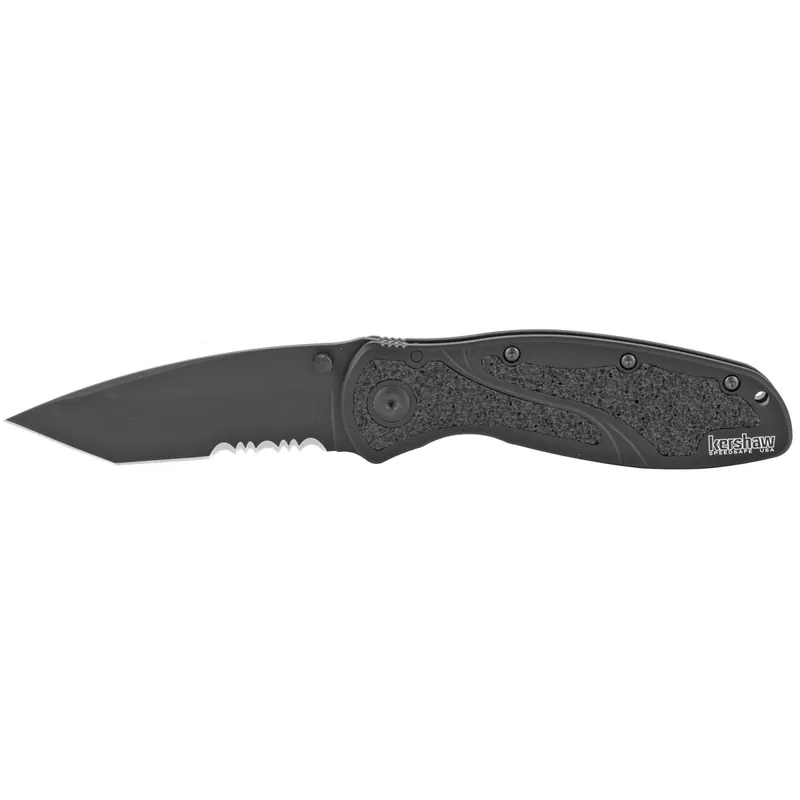 Kershaw 1670TBLKST Blur 3.40" Tanto Part Serrated DLC Black 14C28N Sandvik Stainless Steel Black Anodized Aluminum Handle Folding