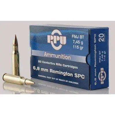 PPU PP68F Standard Rifle 6.8 SPC 115 gr Full Metal Jacket Boat Tail (FMJBT) 20 Round Box