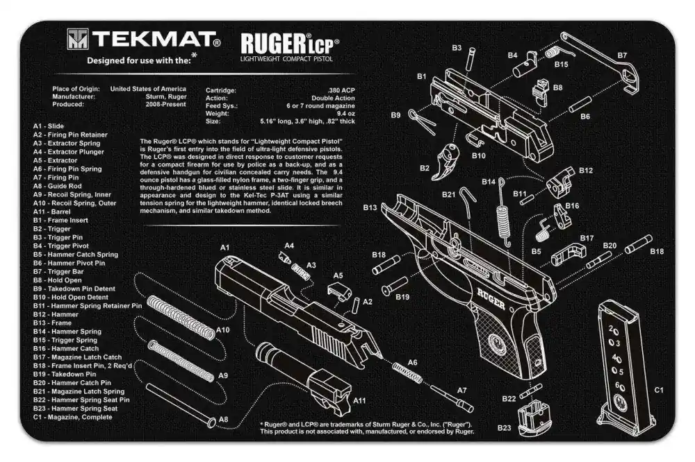 TekMat TEKR17RUGERLC9 Original Cleaning Mat Ruger LCP Parts Diagram 11" x 17"