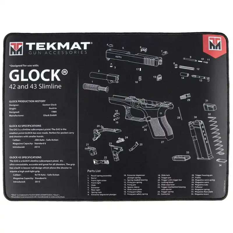 TekMat TEKR20GLOCK4243 Ultra Premium Cleaning Mat Glock 42/43 Parts Diagram 15" x 20"