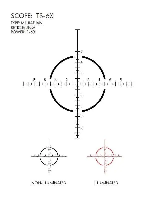U.S. OPTICS TS-6X 1-6x 24mm Obj 108 ft @ 100 yds FOV 30mm Tube Matte Black Finish Illuminated Red JNG Mil