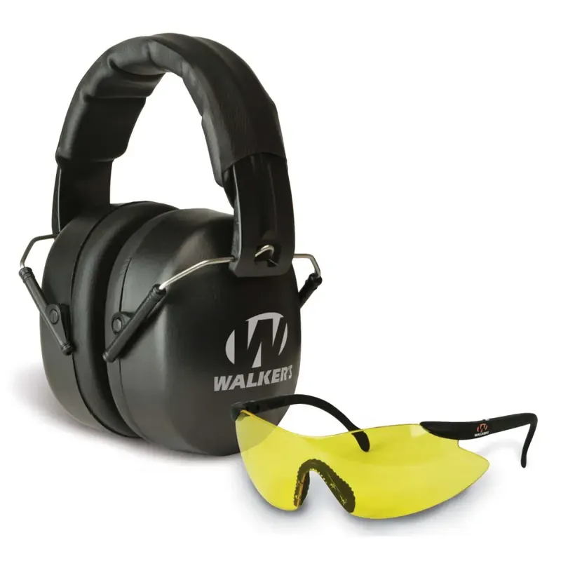 Walkers GWPFM3GFP EXT Range Shooting Muff Combo Pack Polymer 30 dB Over the Head Black Ear Cups w/Black Band Muffs, Orange 31 dB Earplugs, Yellow Lens w/Black Frame Glasses
