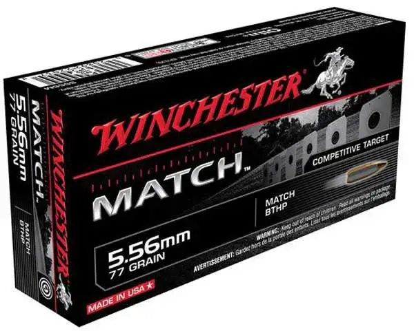 Winchester Ammo S556M Match 5.56x45mm NATO 77 gr Sierra MatchKing Boat-Tail Hollow Point (BTHP) 20 Round Box