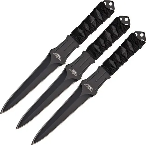 Uzi Accessories UZKTRW003 Throwing Knives Triple Set 3" Straight Edge Plain Black Nylon Cord Wrapped Handle Fixed