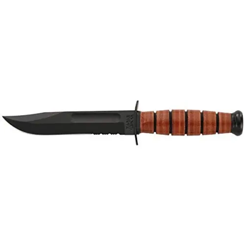 Ka-Bar 1252 USMC Short 5.25" Clip Point Part Serrated 1095 Cro-Van Leather Handle Fixed