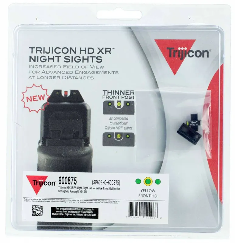 Trijicon 600875 HD Night Sights Springfield XD-S, XD-E 3 Dot Green w/Yellow Outline Front Green w/Black Outline Rear Black