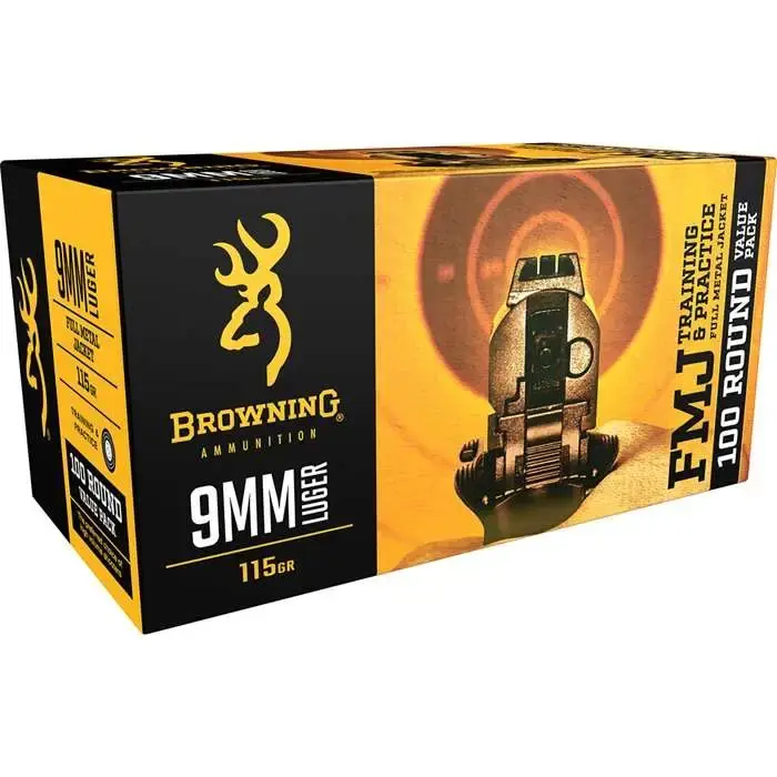 Browning Ammo B191800094 Training & Practice 9mm Luger 115 GR Full Metal Jacket (FMJ) 100 Round Box (Value Pack)