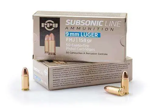 PPU PPS9MM Subsonic 9mm Luger Subsonic 158 gr Full Metal Jacket (FMJ) 50 Round Box
