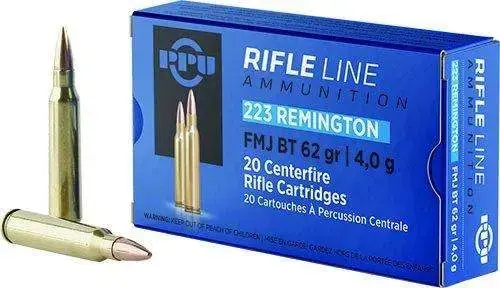 PPU PP223F2 Standard Rifle 223 Rem 62 gr Full Metal Jacket Boat Tail (FMJBT) 20 Round Box