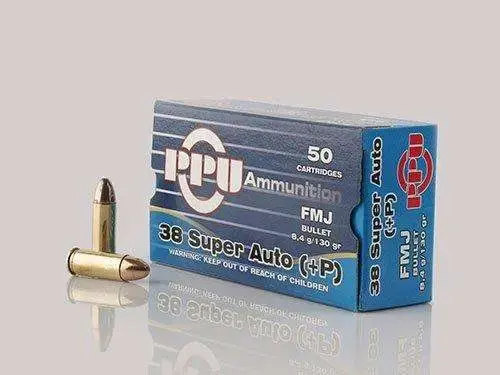 PPU PPH38SU Handgun 38 Super +P 130 gr Full Metal Jacket (FMJ) 50 Round Box