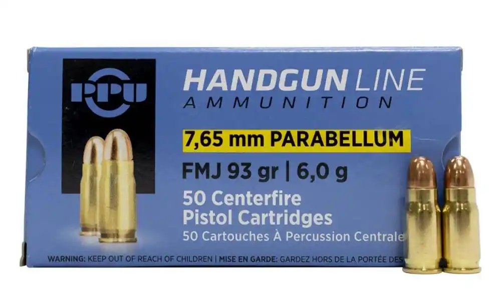 PPU PPH765P Handgun 7.65 Parabellum 93 gr Full Metal Jacket (FMJ) 50 Round Box