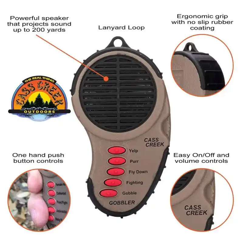 Cass Creek 041 Ergo Electronic Spring Gobbler Hand Call Wild Turkey Spring Yelp, Purr, Soft Tree Yelp/Fly Down, Fighting Purr, Jake Gobble Camo Plastic