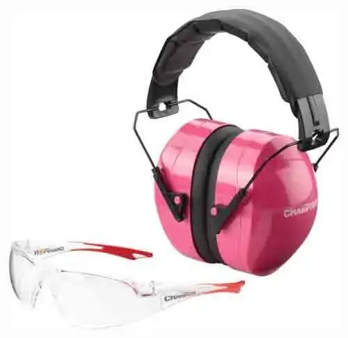 Champion Targets 40624 Eyes And Ears Combo 26 dB Pink Ear Cups w/Black Band Muffs, Clear Leans Glasses