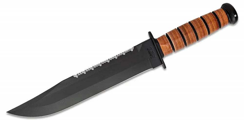 Ka-Bar 2217 Big Brother 9.38" Clip Point Part Serrated Black 1095 Cro-Van Brown Leather Handle Fixed