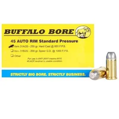 Buffalo Bore Ammunition 31A/20 Standard Pressure 45 Auto Rim 255 gr Hard Cast Flat Nose (HCFN) 20 Round Box