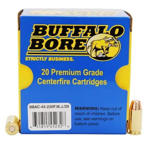Buffalo Bore Ammunition 45-230FMJ/20 Pistol 45 ACP +P 230 gr Full Metal Jacket Flat Nose (FMJFN) 20 Round Box