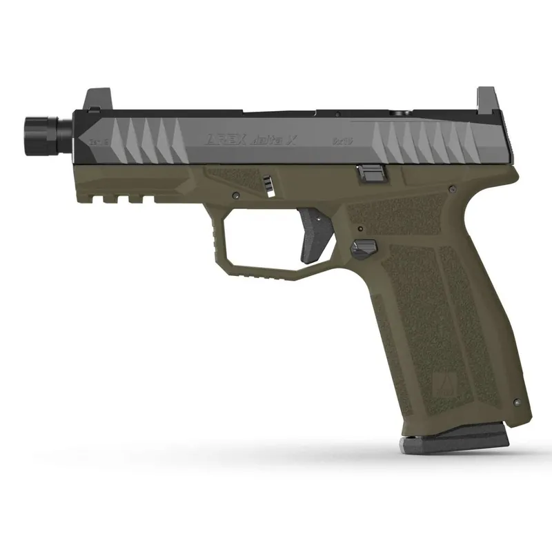 Arex Delta X Tactical 9mm / 1x17rd Mag, 1x 17+2 Mag / 1/2 x 28" Threaded Barrel / Serialized Trigger Assembly / Interchangeable Frame and Backstraps / Ambi Magazine Release & Slide Release / Suppressor Height Sights / 5x Optics Plates / OD