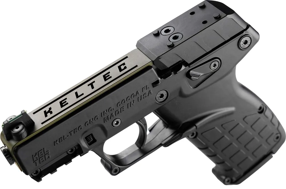 Kel-Tec P17BBLKORGRNS P17 Sports South Exclusive 22 LR 16+1 3.80" Black Threaded Barrel, Exclusive OD Green Optic Ready/Serrated Slide, Black Polymer Frame w/Picatinny Rail, Black Polymer Grip