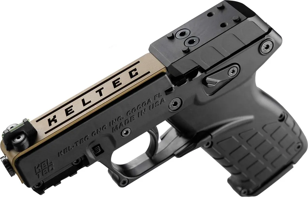 Kel-Tec P17BBLKORTANS P17 Sports South Exclusive 22 LR 16+1 3.80" Black Threaded Barrel, Exclusive Tan Optic Ready/Serrated Slide, Black Polymer Frame w/Picatinny Rail, Black Polymer Grip