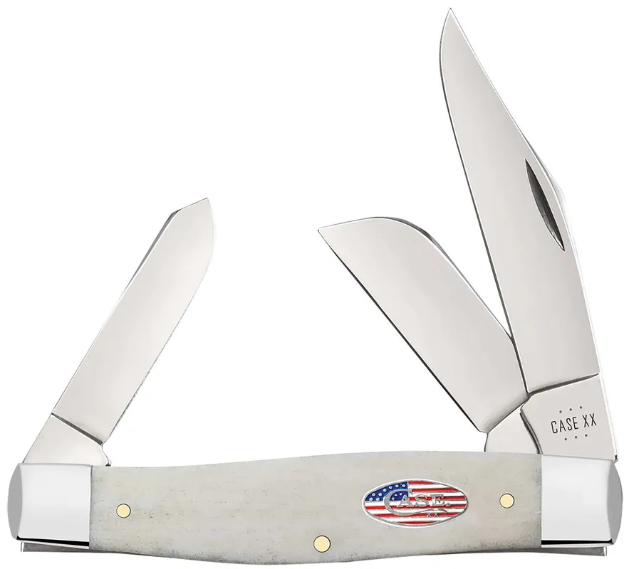 Case 14093 Stockman EDC Large 3.30"/2.30"/2.20" Folding Clip Point/Sheepsfoot/Spey Plain Mirror Polished Tru-Sharp SS Blade, Smooth Natural Bone Handle