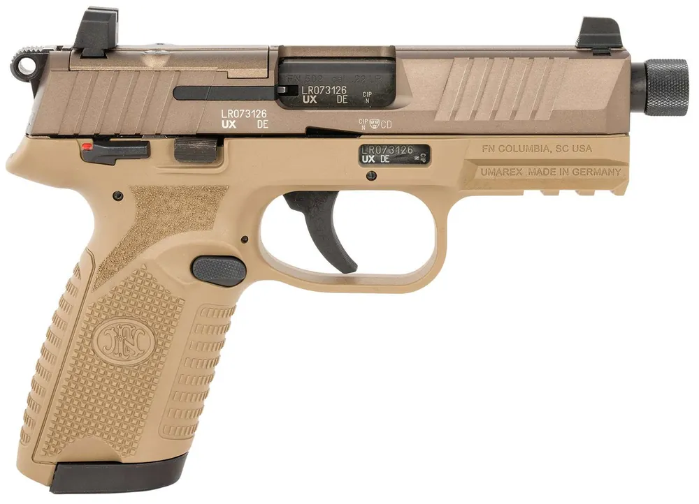 FN 502 Tactical 22 LR 10+1/15+1 4.60" Black Steel Threaded Barrel, Flat Dark Earth Optic Ready/Serrated Slide & Polymer Frame w/Picatinny Rail, FDE Textured Polymer Grip, Ambidextrous, 5 Mags