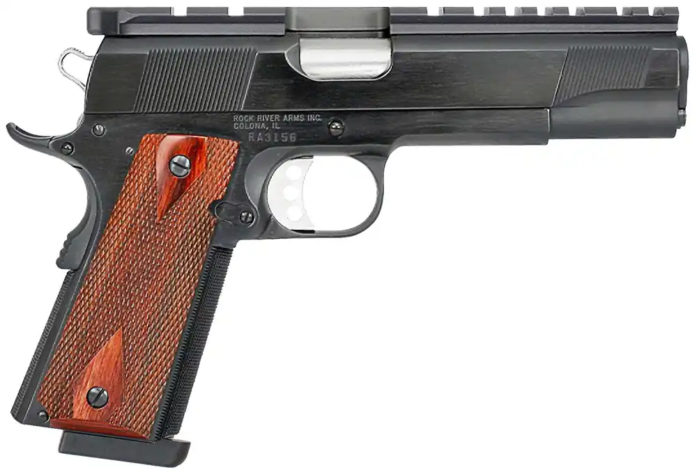 Rock River Arms PS2100 PS2100 Bullseye Wadcutter 45 ACP 8+1 5" Stainless Steel Barrel, Blued RRA Mount/Serrated Steel Slide, Blued Steel w/Beavertail Frame, Rosewood Grip