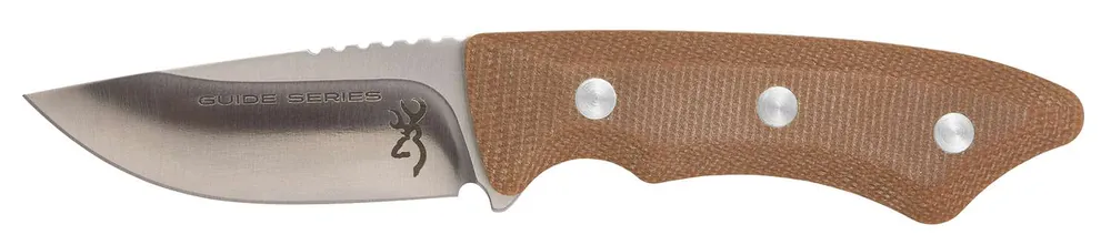 Browning 3220498B Guide Series Small 3" Fixed Drop Point Plain Brown Satin Sandvik 14C28N SS Blade, Brown Micarta Handle