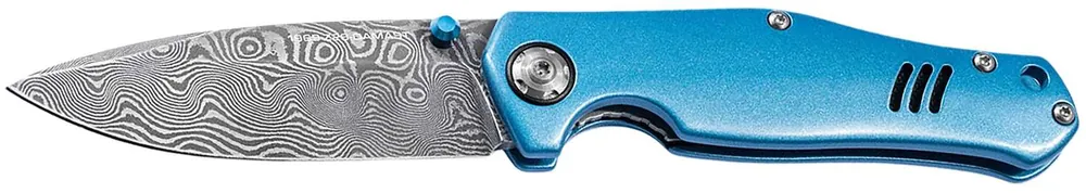 Boker 111101DAM 3.15" Drop Point Damascus Blade Blue Aluminum Handle