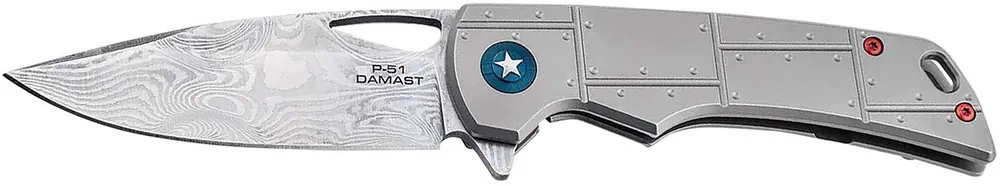 Boker 01BO910DAM P-51 Damast 3.35" Drop Point Plain Silver Acid Etch Damascus Blade Titanium Handle