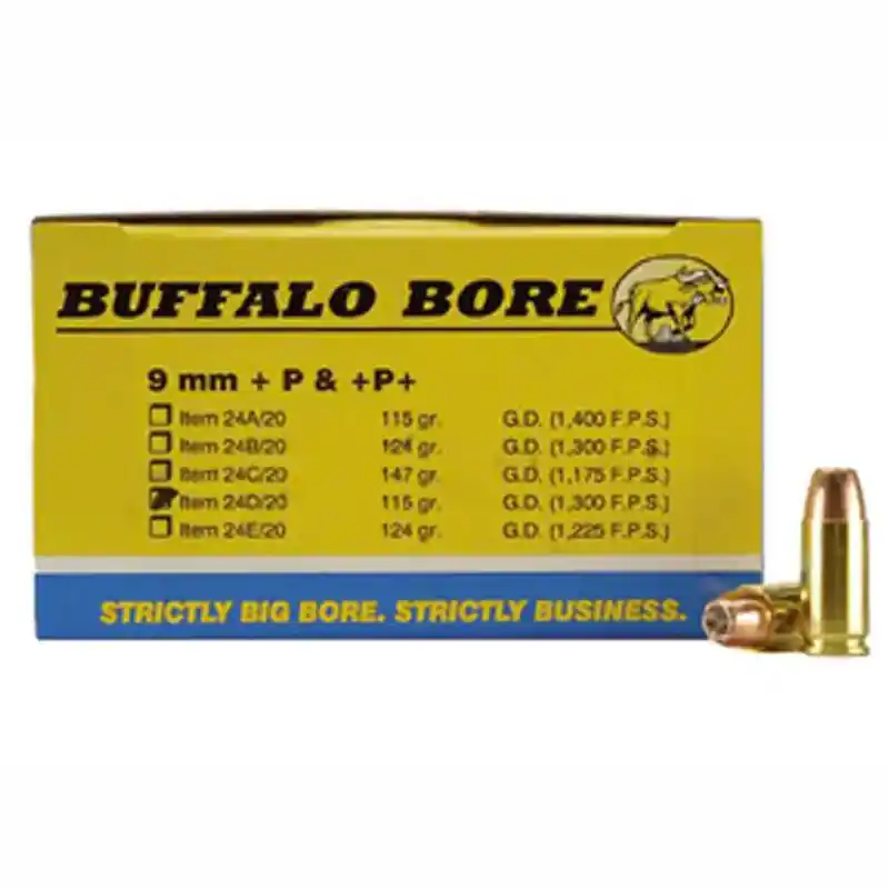 Buffalo Bore Ammunition 24D/20 Pistol 9mm Luger +P 115 gr Jacketed Hollow Point (JHP) 20 Round Box