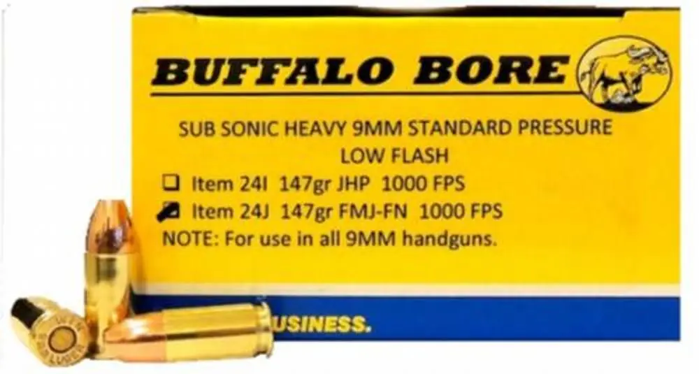 Buffalo Bore Ammunition 24J/20 Subsonic 9mm Luger Subsonic 147 gr Full Metal Jacket Flat Nose (FMJFN) 20 Round Box