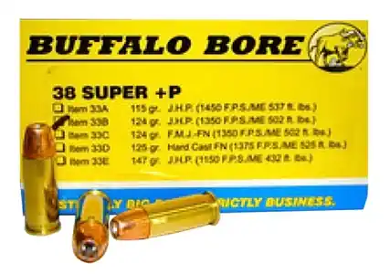 Buffalo Bore Ammunition 33B/20 Pistol 38 Super +P 124 gr Jacketed Hollow Point (JHP) 20 Round Box