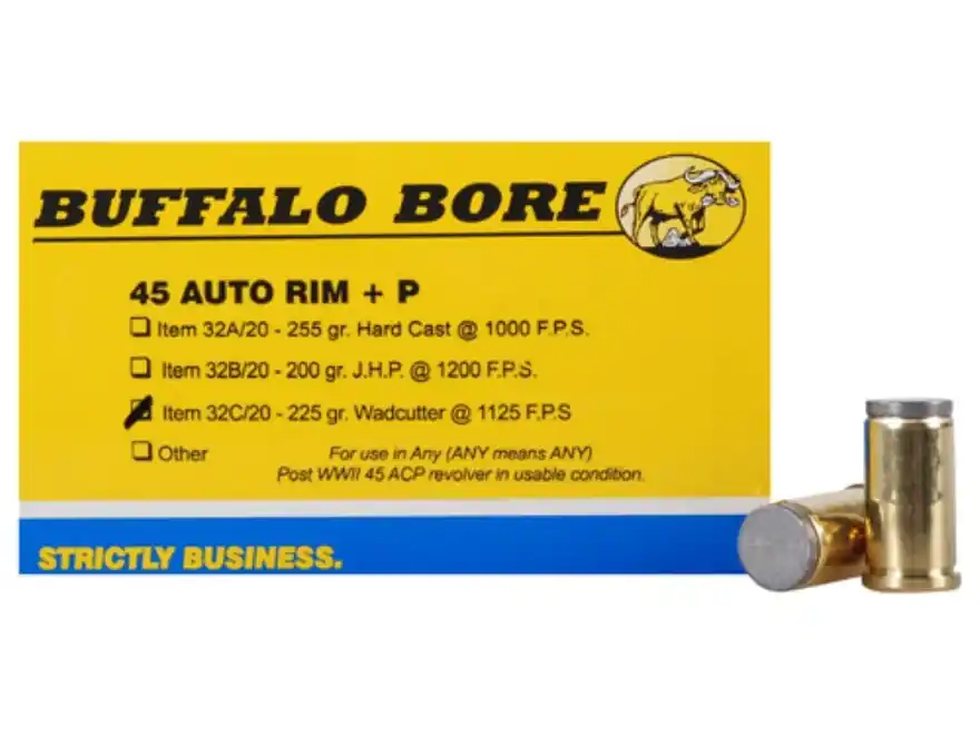 Buffalo Bore Ammunition 32C/20 Pistol 45 Auto Rim +P 225 gr Wadcutter (WC) 20 Round Box