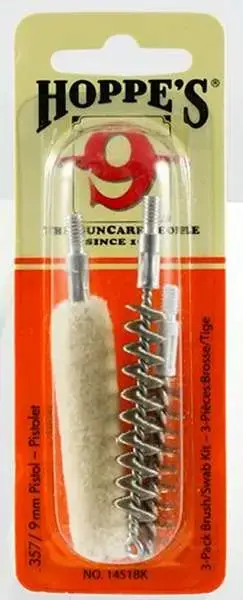 Hoppes 1451BK Brush/Swab Kit Pistol 357 Mag, 9mm Pistol Bronze, Cotton, Stainless Steel Brush 3 Per Pack