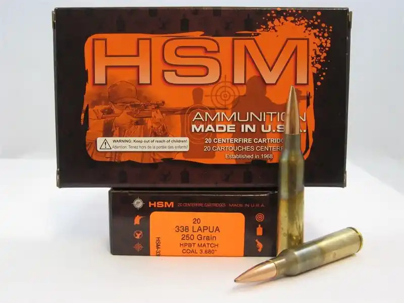 HSM 338LAP2N Match 338 Lapua Mag 250 gr Boat Tail Hollow Point (BTHP) 20 Round Box