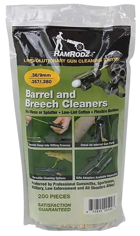 RamRodz 38200 Barrel Cleaner Swabs 9mm,38 Cal Cotton Top w/Bamboo Handle 200 Per Pack