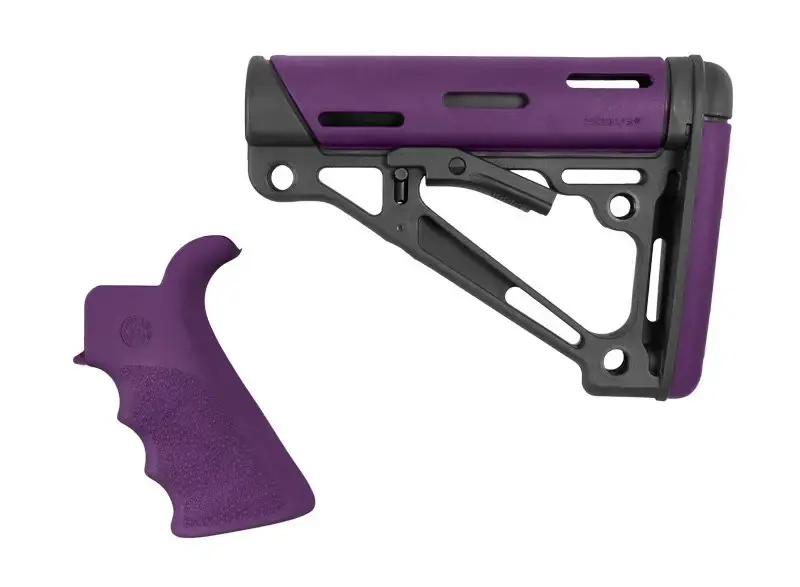 AR-15/M-16 Kit - Finger Groove Beavertail Grip and OverMolded Collapsible Buttstock - Fits Commercial Buffer Tube - Purple Rubber