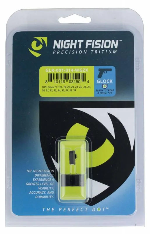 Night Fision GLK001014WGZ Night Sight Set Square Front/U-Notch Rear fits Glock 17, 17L, 19, 22-28, 31-35, 37-39 Green Tritium w/White Outline Front Black