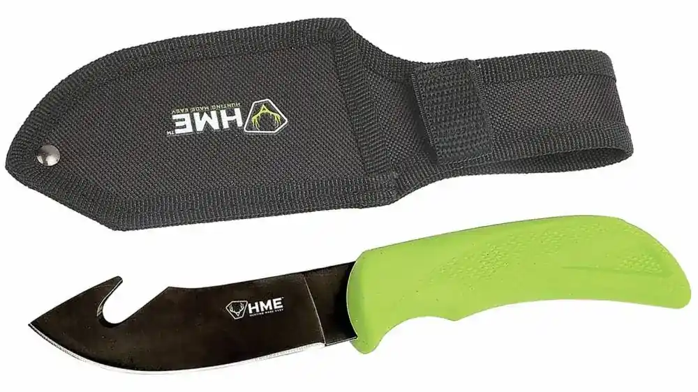 HME KNFBGH Fixed Blade 3.50" Gut Hook Plain Black Oxide 420HC/TPR Green Handle Fixed