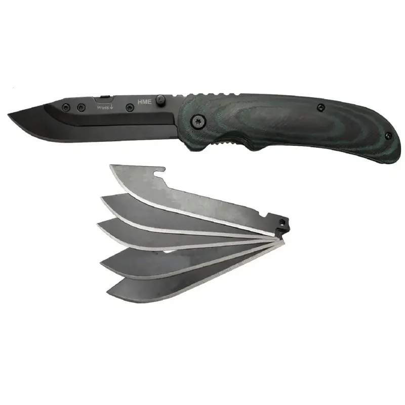 HME KNSSK Scalpael Skinning Knife Clip Point Plain/Gut Hook Micarta Green Handle Folding
