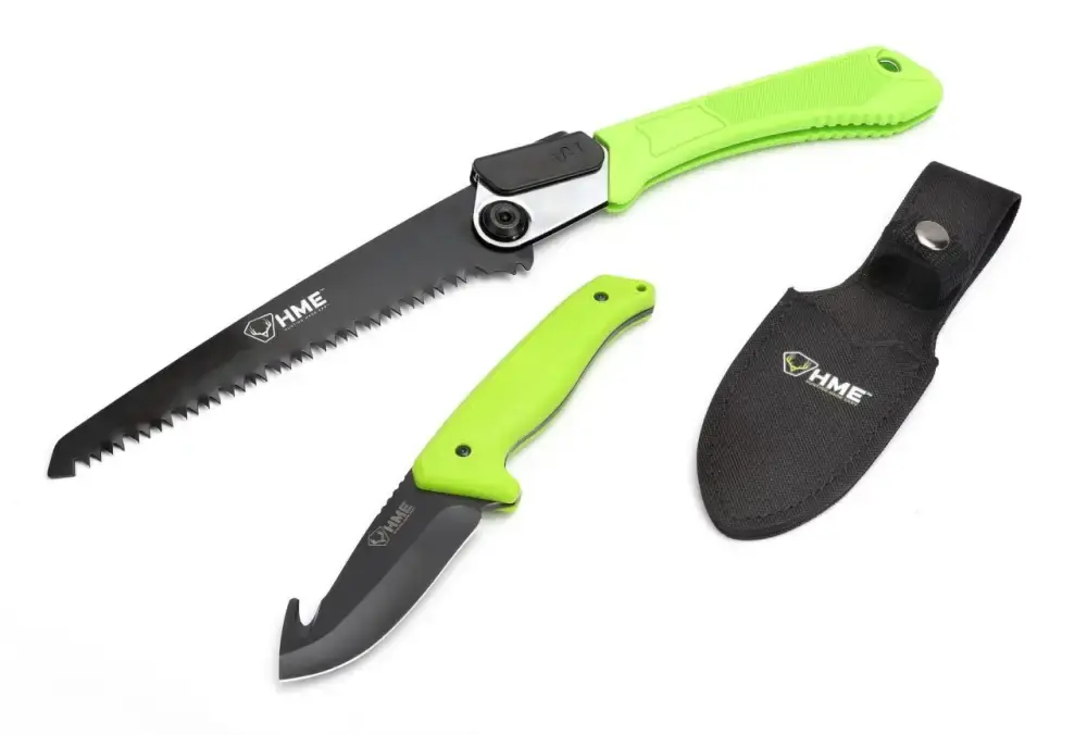 HME KNFSFB Saw and Knife 420HC Stainless Steel Black Oxide Gut Hook/Saw Thermoplastic Rubber Green