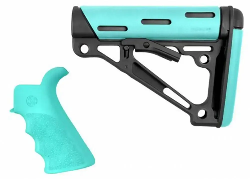 AR-15/M-16 Kit - Finger Groove Beavertail Grip and OverMolded Collapsible Buttstock - Fits Commercial Buffer Tube - Aqua Rubber