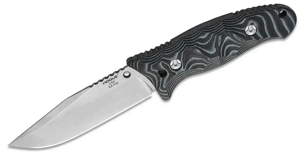 EX-F02 4.5" Fixed Clip Point Blade Tumbled Finish Auto Retention Sheath Black - G10 G-Mascus Black Scales