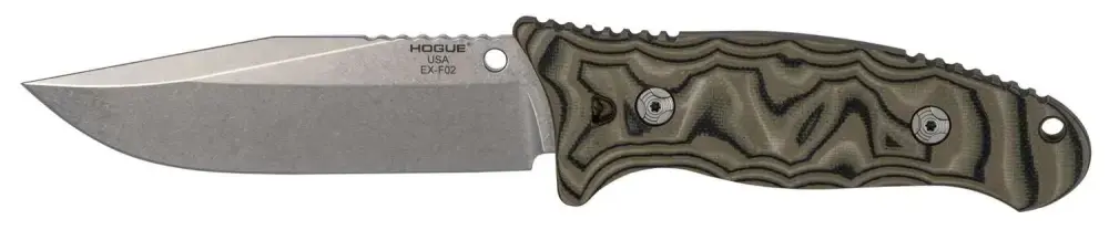 EX-F02 4.5" Fixed Clip Point Blade Tumbled Finish Auto Retention Sheath Black - G10 G-Mascus Green Scales