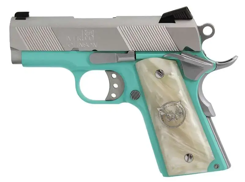 Iver Johnson Arms THRASHERTB9 1911 Thrasher Officer 70 Series 9mm Luger 3.13" 8+1 Tiffany Blue Cerakote Silver Cerakote White Synthetic Pearl Grip