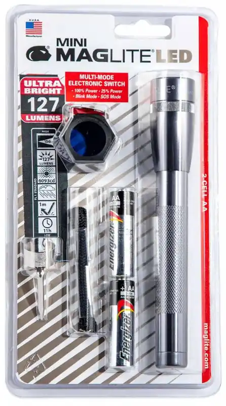 Maglite SP2209C Mini Maglite Red/Blue/Clear LED 97 Lumens AA (2) Battery Gray Combo Pack