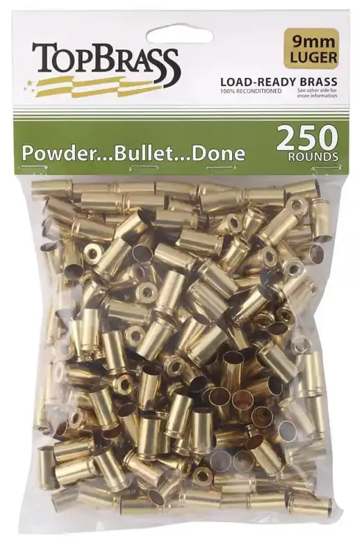 TOP BRASS LLC 6B9MMLUGXY-250 Premium Reconditioned 9mm Luger Handgun Brass 250 Per Bag