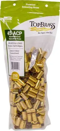 TOP BRASS LLC 7B045ACPCY-250 Premium Reconditioned 45 ACP Handgun Brass 250 Per Bag