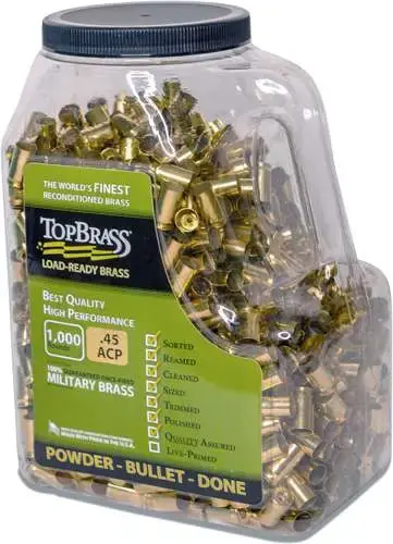 TOP BRASS LLC 7B045ACYCY-M-J Premium Reconditioned 45 ACP Handgun Brass 1000 Per Jug